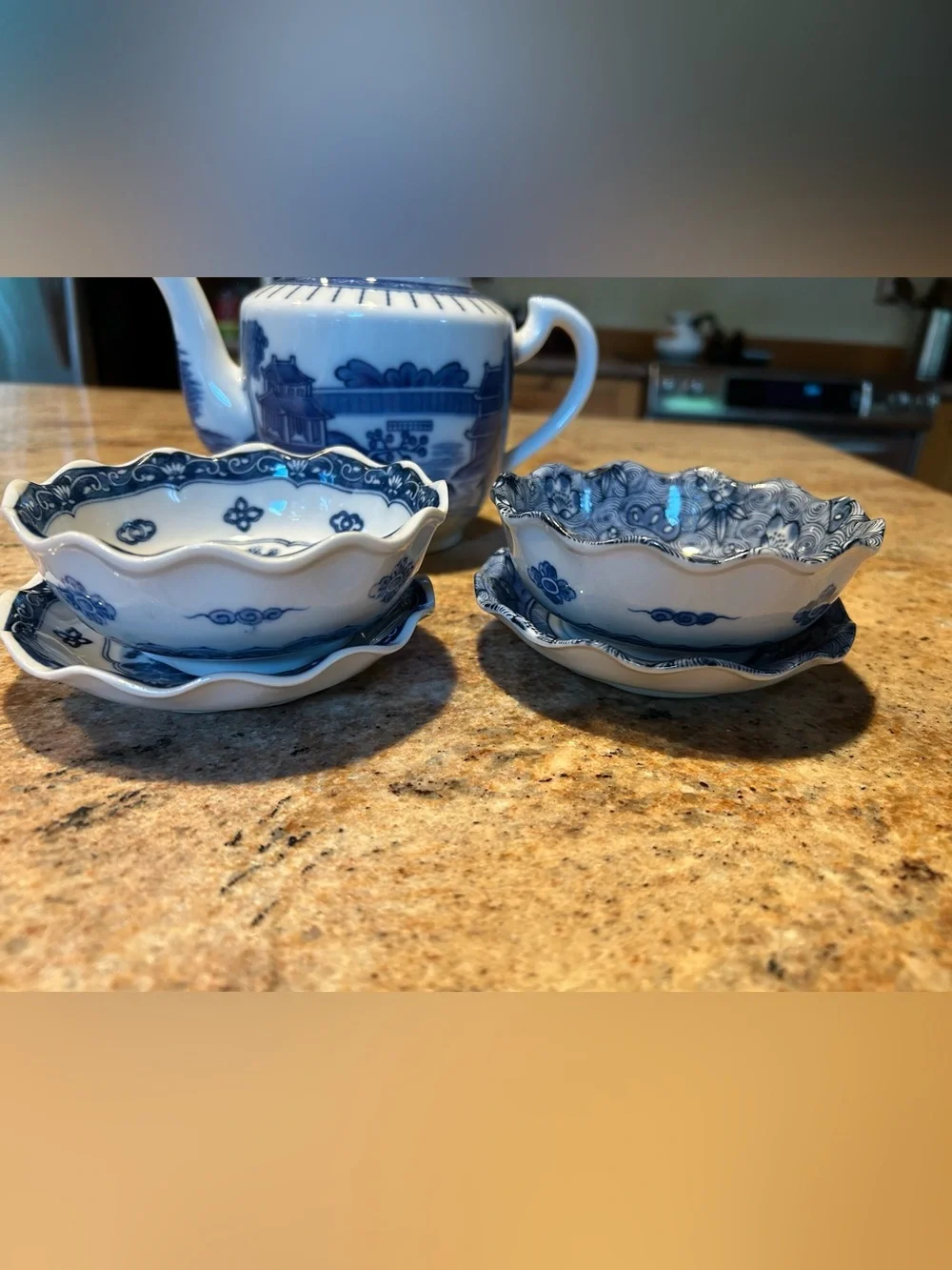 Akira Ale-Net Japanese Mino Ware Porcelain “Indigo Dye” Bowl & Saucer (2) Sets